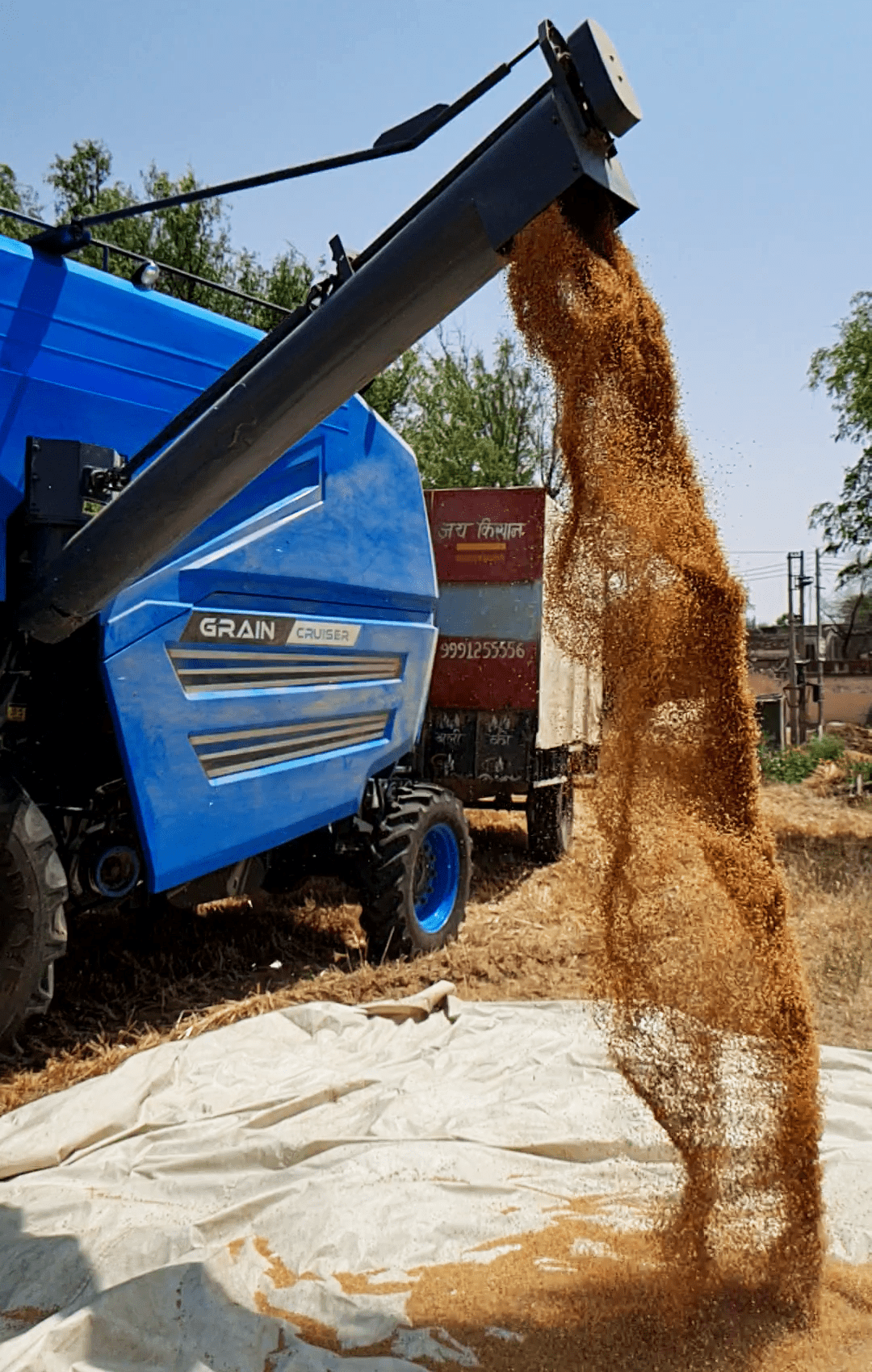 Grain Cruiser Combine Harvester | A photo of a PUNNI Grain Cruiser Pro grain tank being emptied in a field.